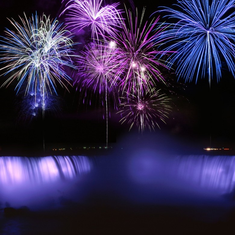 FIREWORKS DISPLAY AGAINST THE BACKDROP OF THE AMERICAN AND CANADIAN HORSESHOE FALLS